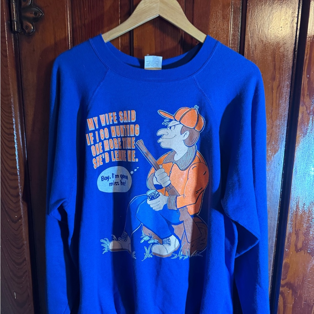 Funny 1980s Blue Graphic Hunting Sweatshirt